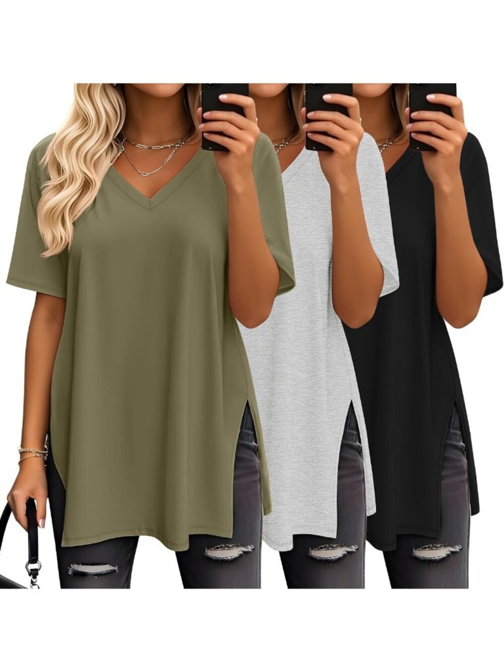 3 Pack Oversized V Neck Shirts for Women - Casual Chic Tops, Comfy Fit